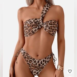 New Women's Twist One Shoulder Bikini Sets Leopard Print High Cut Swimsuit